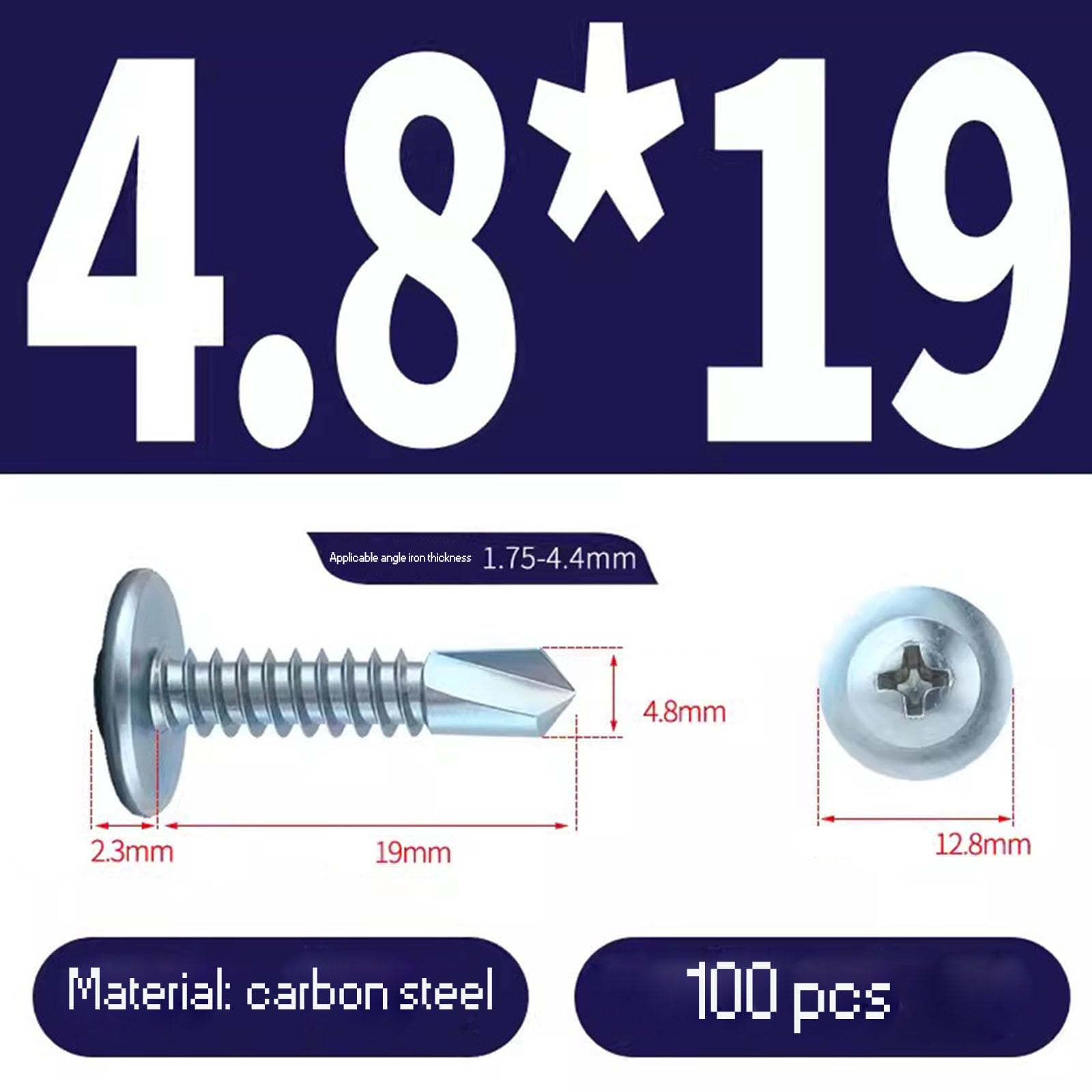 Tornillos autorroscantes de cabeza plana M4.8, tornillos autorroscantes de cabeza redonda de acero inoxidable 304, juego surtido de tornillos para madera (19 mm) 1000PCS