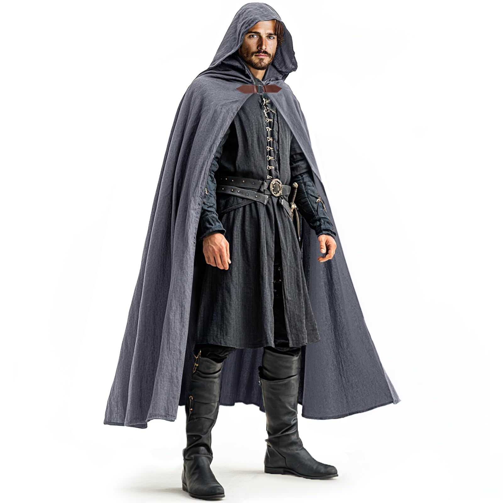 Ibeauti Renaissance Hooded Cloak Cotton Cloak Halloween Medieval Costume Cape Women Men, Dark Grey, One Size