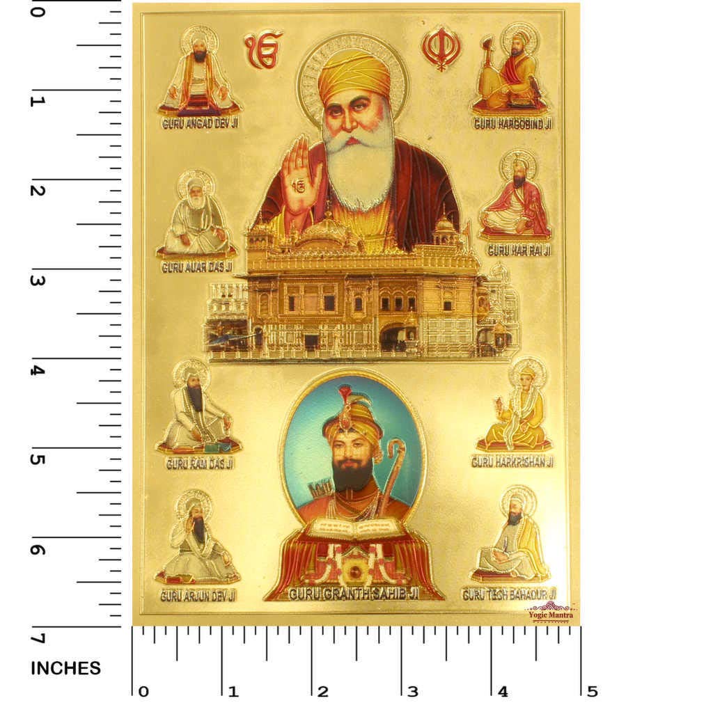 Yogic Mantra Golden Temple Waheguru Guru Nanak Photo | Unframed 5x7 Inch | 180 GSM Gold Foil Paper | Embossed Printing | 10 Gurus of Sikh Photo Wall Decor Poster Art Gift | Home Mandir Office Temple