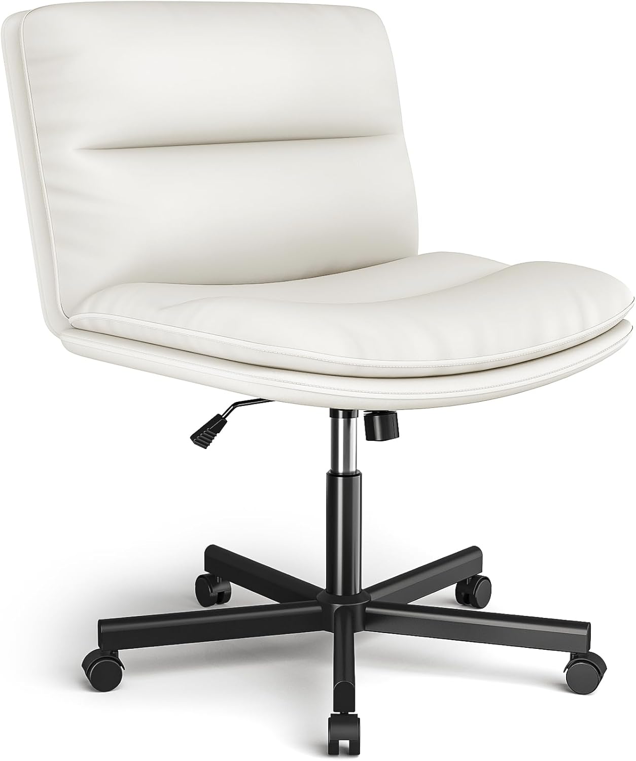 Rfiver Ergonomic Armless Criss Cross Chair with Height Adjustable and Swivel, Wide & Thickened Cushion Cross Legged Vanity Chair, Comfortable PU Leather Desk Chair for Computer Task and Make Up, White