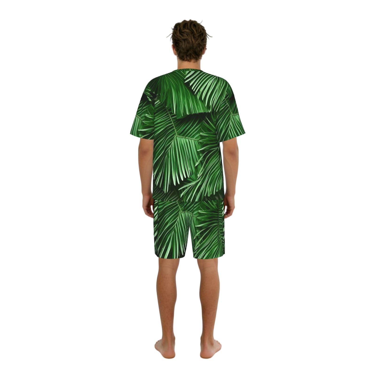 Bonito conjunto de pijama clásico con estampado de hojas de palma verde para hombre, pantalones cortos de pijama suaves para hombre, perfecto para las noches de verano