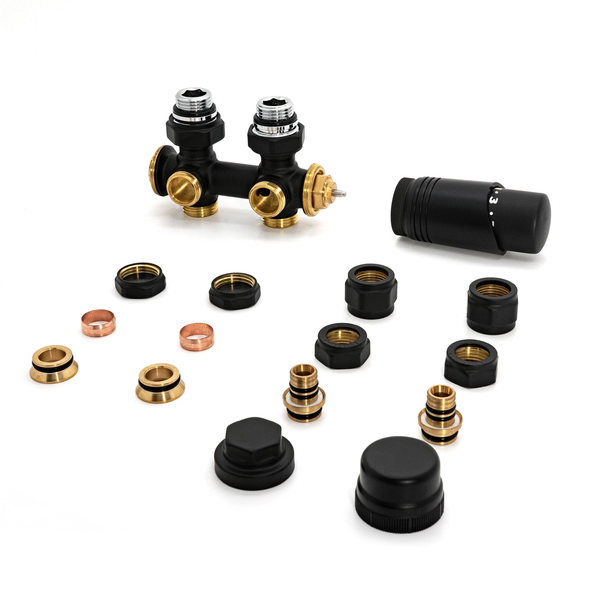 VANCOCO Noir Kit Multibloc Universel Pour Radiateur, Raccordement Central avec 50mm, Vannes Thermostatiques Pour Radiateur et Chauffage