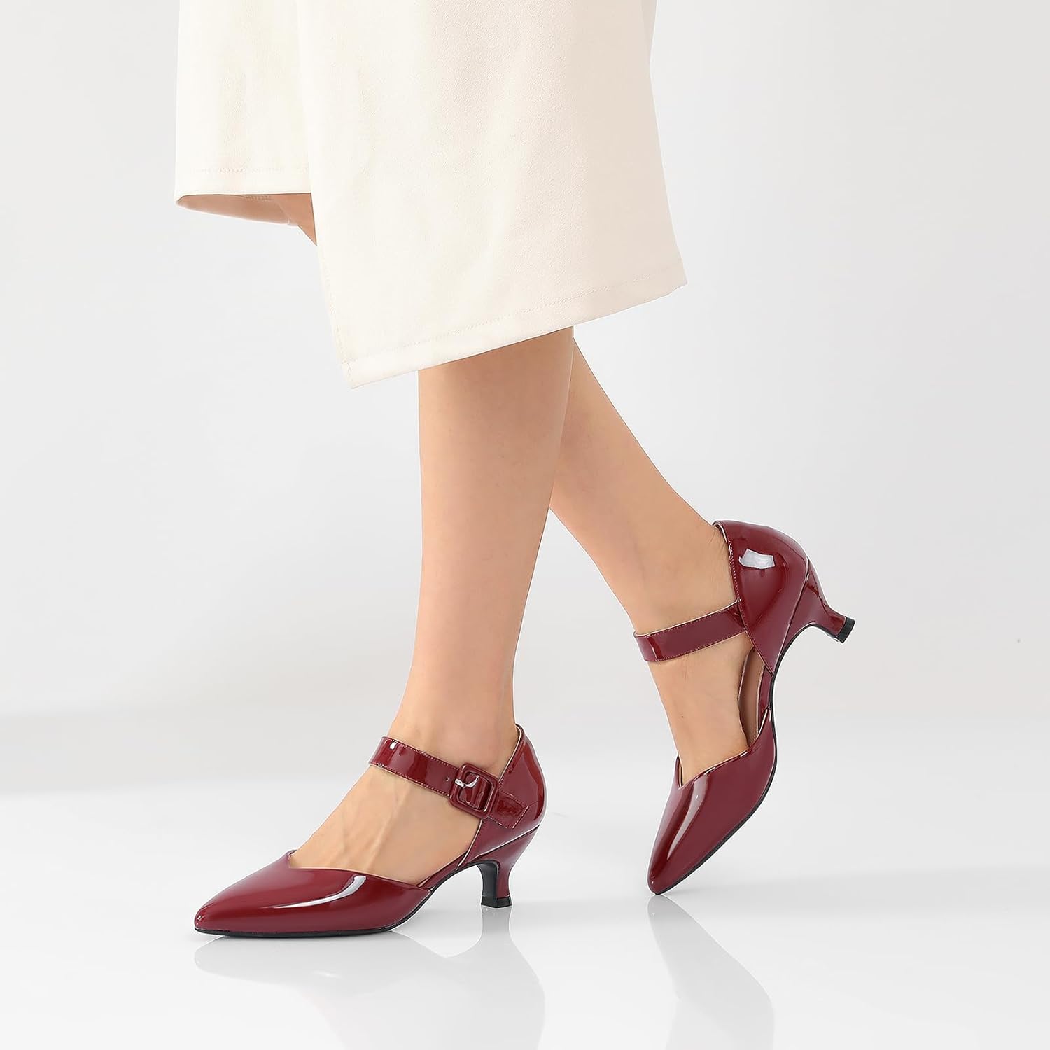 RIBONGZ Comfortable Kitten Heels for Women Pointed Closed Toe Ankle Strap Buckle Heels Slip on Low Heel Church Pumps Wedding Bridal Party Dressy Shoes - Image 2