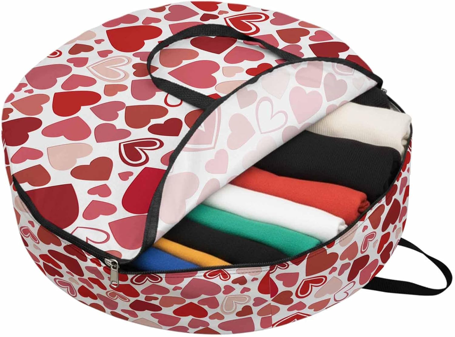 Red Heart Round Storage Bag 36 Inch, Valentine's Day White Background Clothes Storage Container with Handles Heavy Duty Organizer for Comforter, Bedding & Holiday Wreaths