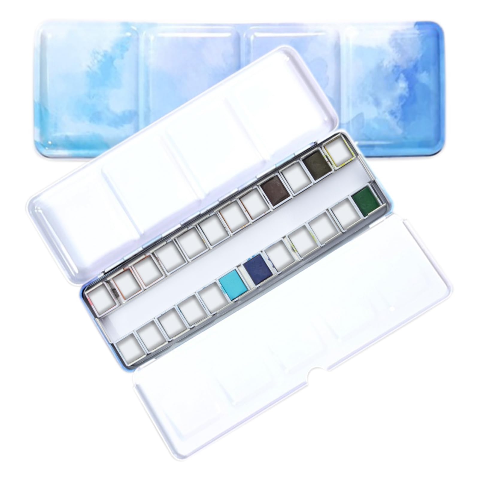 Empty Watercolour Tin Paint Case with 24 Pcs Half Pans, Portable Color Palette - Adult Student Artist (Iridescent Blue)