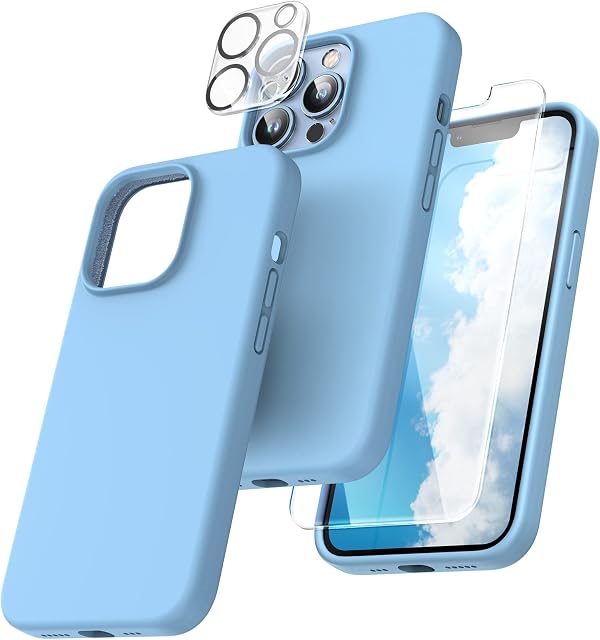 TOCOL 5 in 1 for iPhone 13 Pro Case 6.1", with 2 Pack Tempered Screen Protector + 2 Pack Camera Lens Protector, Liquid Silicone Slim Shockproof Cover [Anti-Scratch] [Drop Protection], Sierra Blue