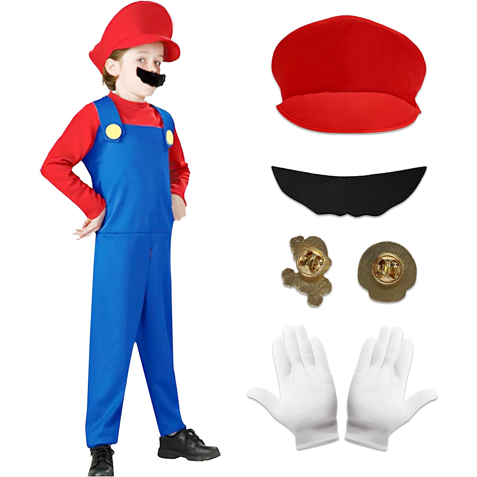 Ansamy Disfraz de Bros Cosplay para Adultos Niños, Bros Classic Disfraces, Traje de Fontanero con Guantes, Sombrero y Bigote para Carnaval Halloween