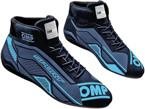 OMP Driving Shoe, Sport, Mid-Top, FIA Approved, Leather Outer, Fire Retardant Inner, Black/Cyan, Size 7.5, Pair