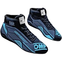 OMP Driving Shoe, Sport, Mid-Top, FIA Approved, Leather Outer, Fire Retardant Inner, Black/Cyan, Size 7.5, Pair