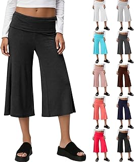 Gaucho Pants for Women Fold Over Cropped Capri Pant Stretch Low Rise Wide Leg Yoga Palazzo Flowy Culotte Bottoms