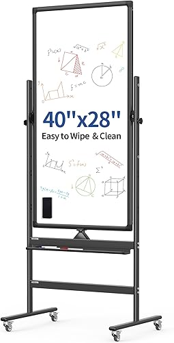 Miniatura 7 de Pizarra blanca móvil de doble cara de 40 x 28 pulgadas con ruedas, pizarra magnética de borrado en seco en el soporte, altura ajustable, marco