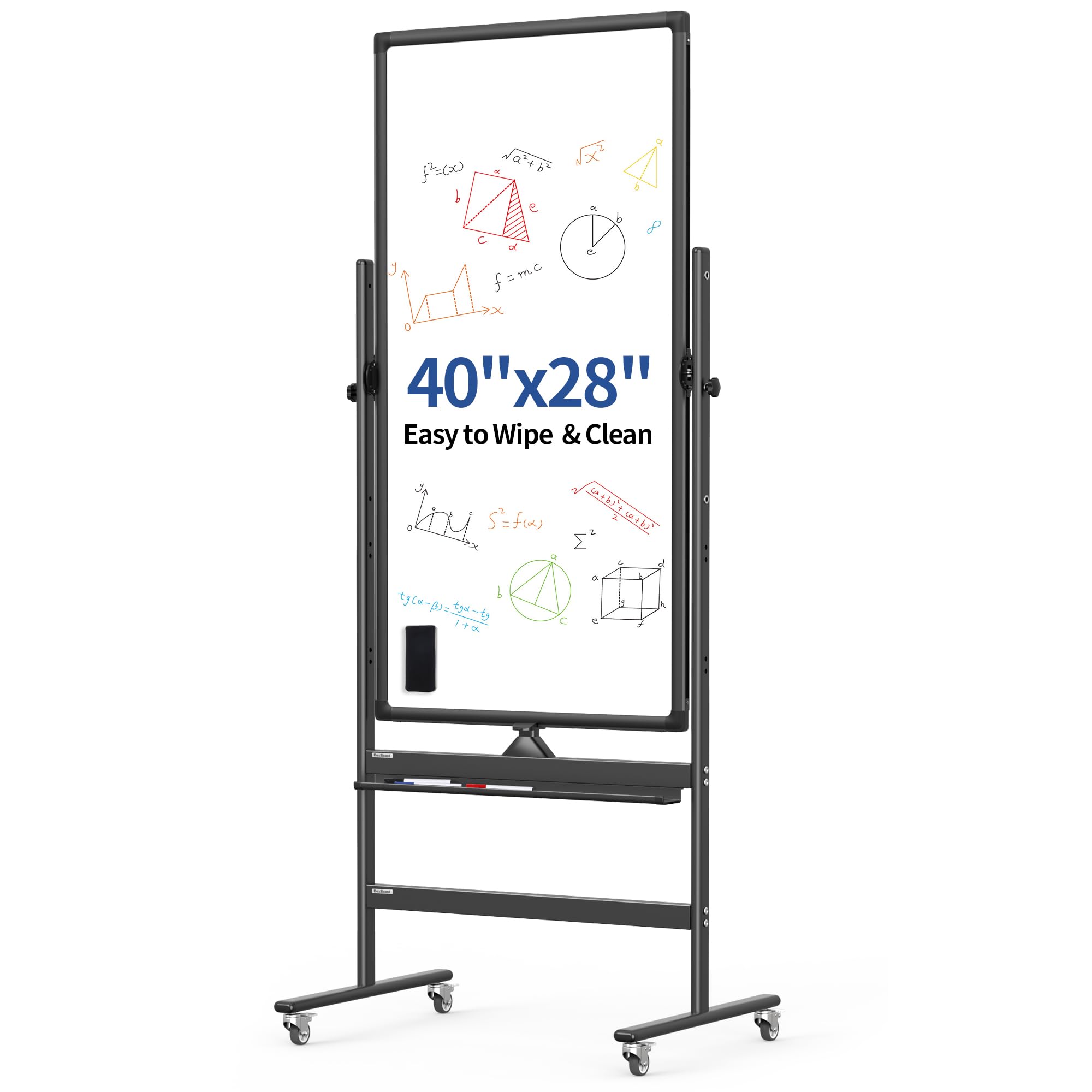 40" x 28" double-sided mobile whiteboard with wheels | rolling magnetic dry erase board on stand | adjustable height black frame white board for office, classroom & home