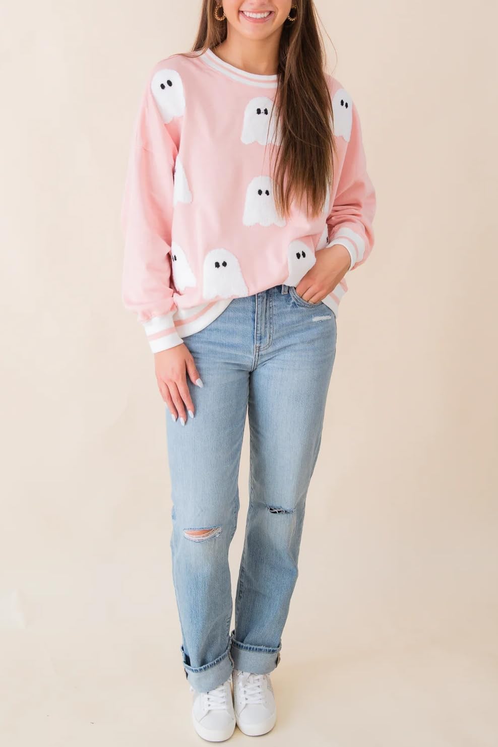 Halloween Sweatshirts for Women 2025 Spooky Ghost Long Sleeve Sweaters Vintage Pumpkin Yarn Graphic Crewneck Shirts - Image 4