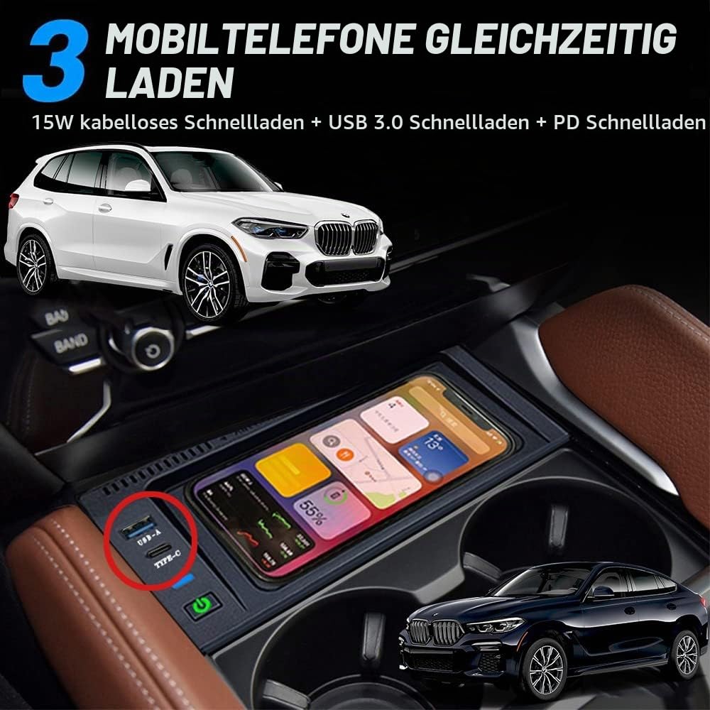 Kabelloses Ladegerät Auto für BMW X5/X6 2014-2018 Mittelkonsole-Zubehör, 15W Schnellladendes Handy-Ladegerät für BMW X5 F15/E70 2014-2018/X6 F16/E71 2015-2019, Geschenk für BMW-Besitzer