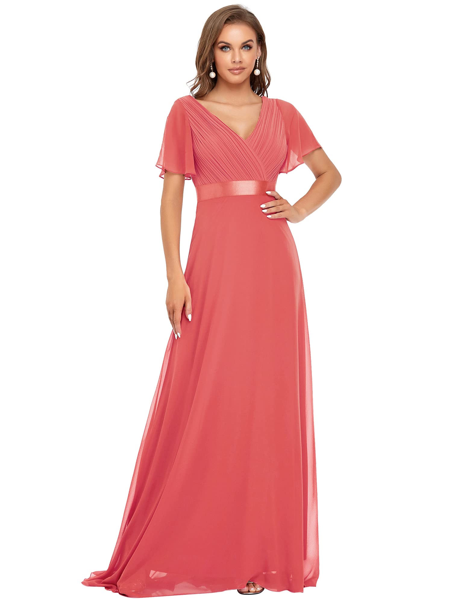 Ever-Pretty A-línea Vestido de Fiesta Cuello en V Manga Corta Gasa Corte Imperio para Mujer 09890