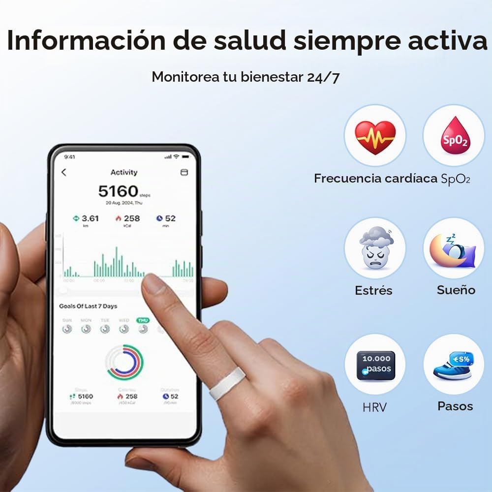 Anillo Inteligente, Anillos Inteligentes para Hombres y Mujeres, Anillo de Seguimiento de Salud para Controlar el Estado Físico, el Sueño y la Frecuencia Cardíaca, Anillo de