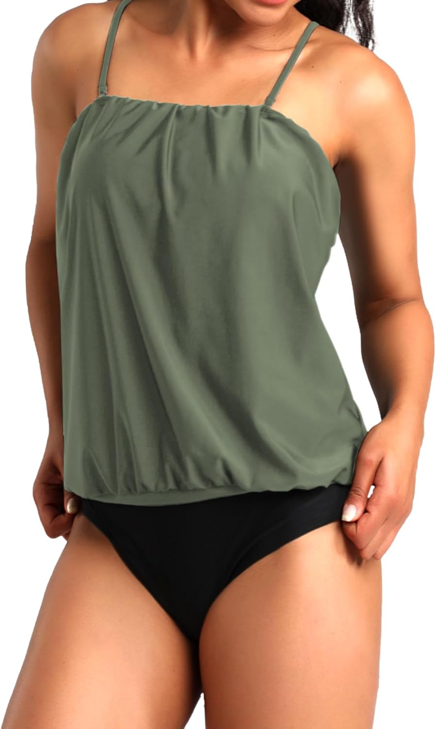 Two Piece Bandeau Tankini Swimsuits for Women Loose Blouson Swim Top with Bikini Bottom Tummy Control Bathing Suits - Image 3