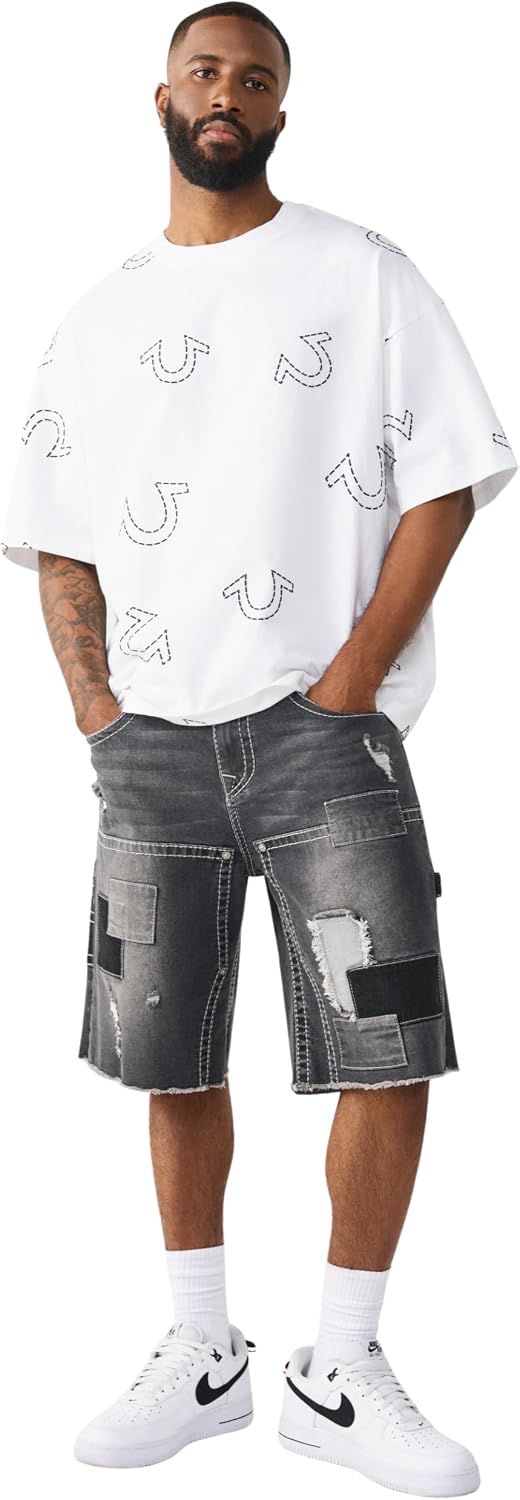 True Religion Men’s Vinny Big T Cargo Short – Frayed Baggy Fit, Cargo Pockets, Horseshoe Detailing