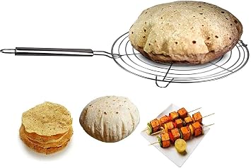 Stainless Steel Round Roast Grill, Multi-Purpose for Roti Jali, Papad, Chapathi, Papad Roast Grill Dia-9 Inches Round Steel Handle