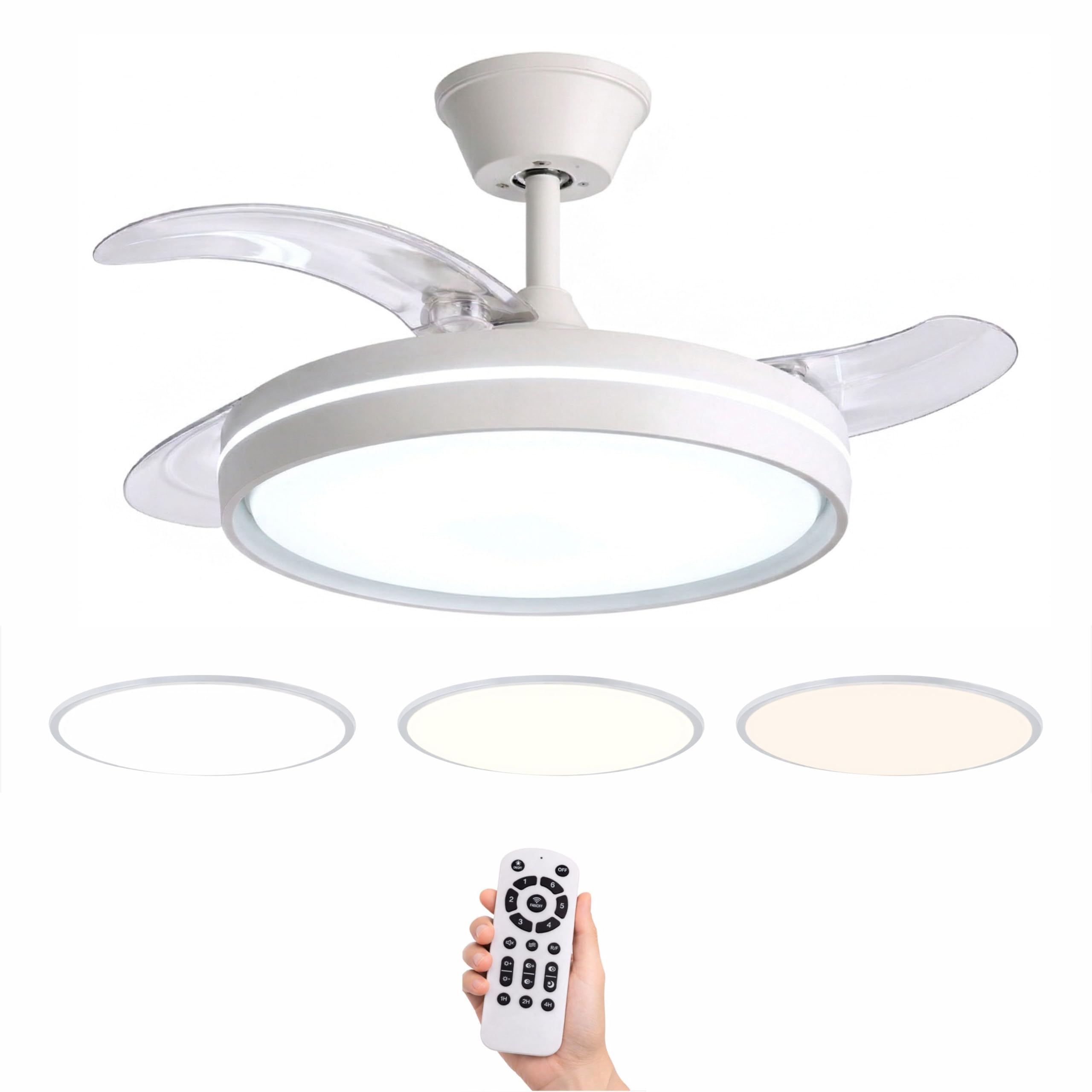 Ventilador de Techo Led 90W, Regulable en Intensidad y en Tono de Luz de Fria a Cálida, 3 Aspas Retráctiles, Mando a Distancia, Motor DC Ultra Silencioso, 6 Velocidades (Extra Flow)