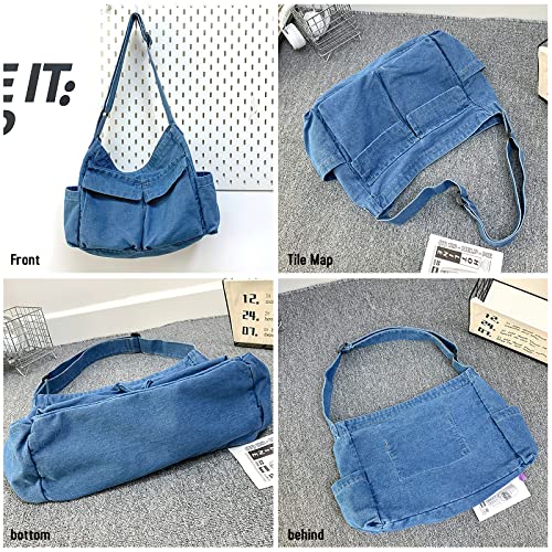 Image of LassZone Canvas Messenger Bag Large Crossbody Bag Hobo Shoulder Handbags Multi Pocket Denim Tote Bag for Women or Men