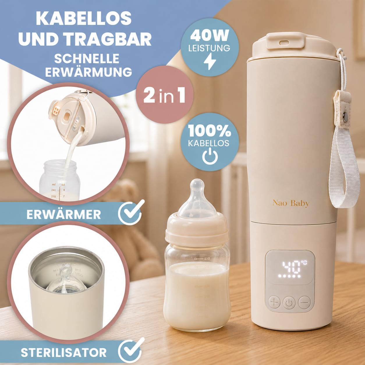 Flaschenwärmer Baby Unterwegs 2 in 1 mit Sterilisator für Babyflaschen – Kabelloser Babyflaschenwärmer, 10400 mAh Akku, Schnelles Aufladen, Präzise Temperaturregelung, Auslaufsicher