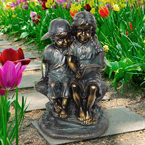 Exhart Garden Sculpture, Faux Bronze Boy And Girl Reading Garden Statue, Outdoor Garden Decoration, 12 X 18.5 Inch #TOP1