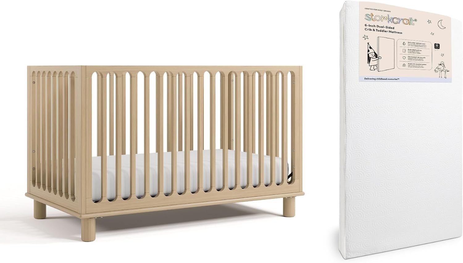 Storkcraft Sicily Convertible Crib with Toddler Guardrail & Storkcraft 6-Inch Grow-with Me Premium Waterproof Dual-Sided Baby Crib & Toddler Bed Mattress (Driftwood) – GREENGUARD Gold Certified
