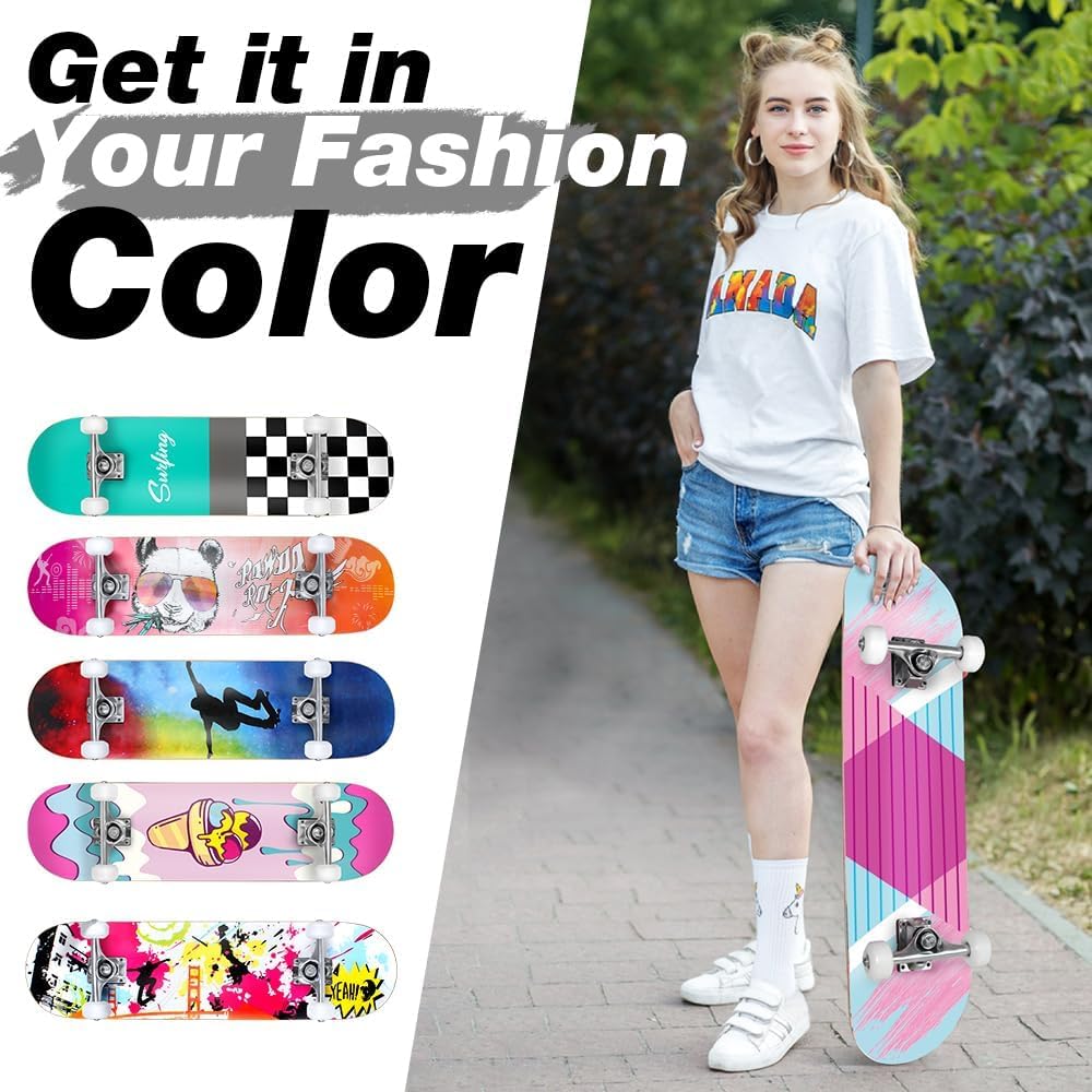 BELEEV Skateboard 31x8 per Principianti, Bambini, Adolescenti e Adulti, Completo Pro Cruiser Skateboard per Ragazza Ragazzo, Acero Canadese a 7 Strati, Doppio Vassoio Concavo, con Strumento a T