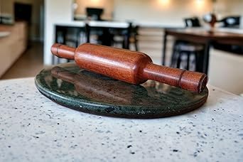 Green Marble Roti Maker with Wooden Belan | Rolling Pin Board | Pulka Maker | Chapati Maker Chakla (Marble Chakla : 10 inch) (Wooden Belan 12 inch)