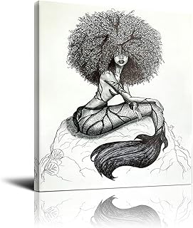 Mermaid Wall Art African American Canvas Prints Black Girl Picture Black Girl Wall Art Black Queen Picture For Living Room Bedroom Bathroom Office Wall Decor Framed Home Decorations Ready To Hang 16x20 Inch