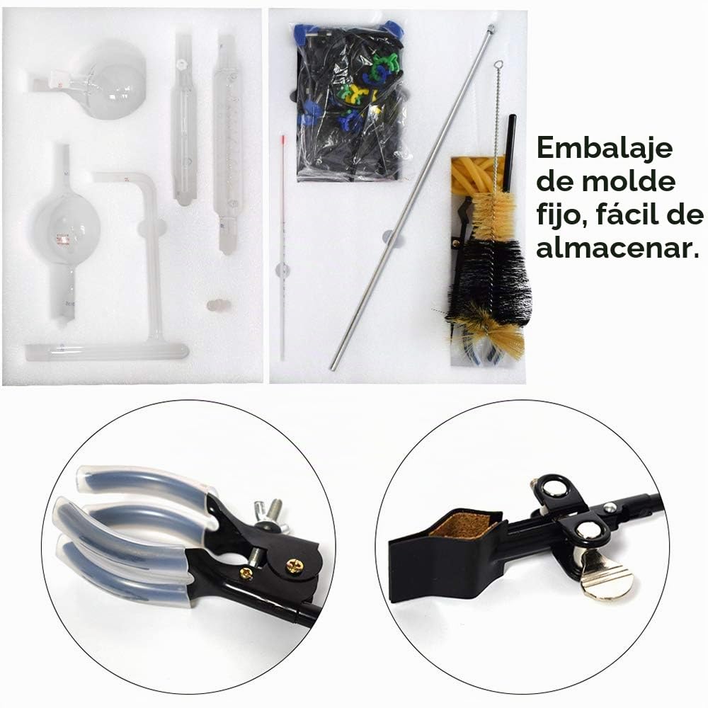Kit de laboratorio para destilar agua y aceites esenciales con purificador, matraces de vidrio, placa eléctrica y tubo condesador Graham, 500 ml
