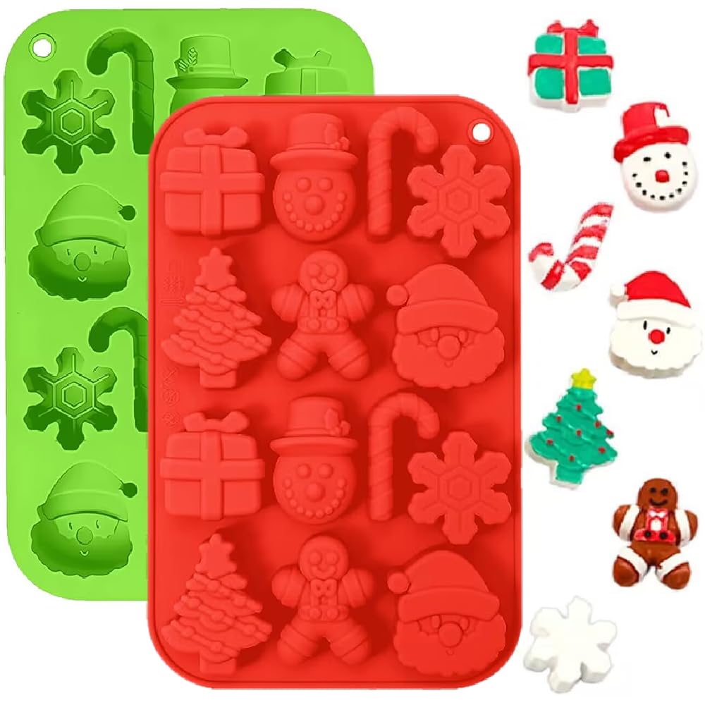 VIKKI 2PCS Christmas Moulds, 14 Cavities Silicone Christmas Tree Snowman Shapes Cake Mould Chocolate Candy Pan Soap Moulds Ice Cube Tray for Christmas Xmas New Year Cake Decoration