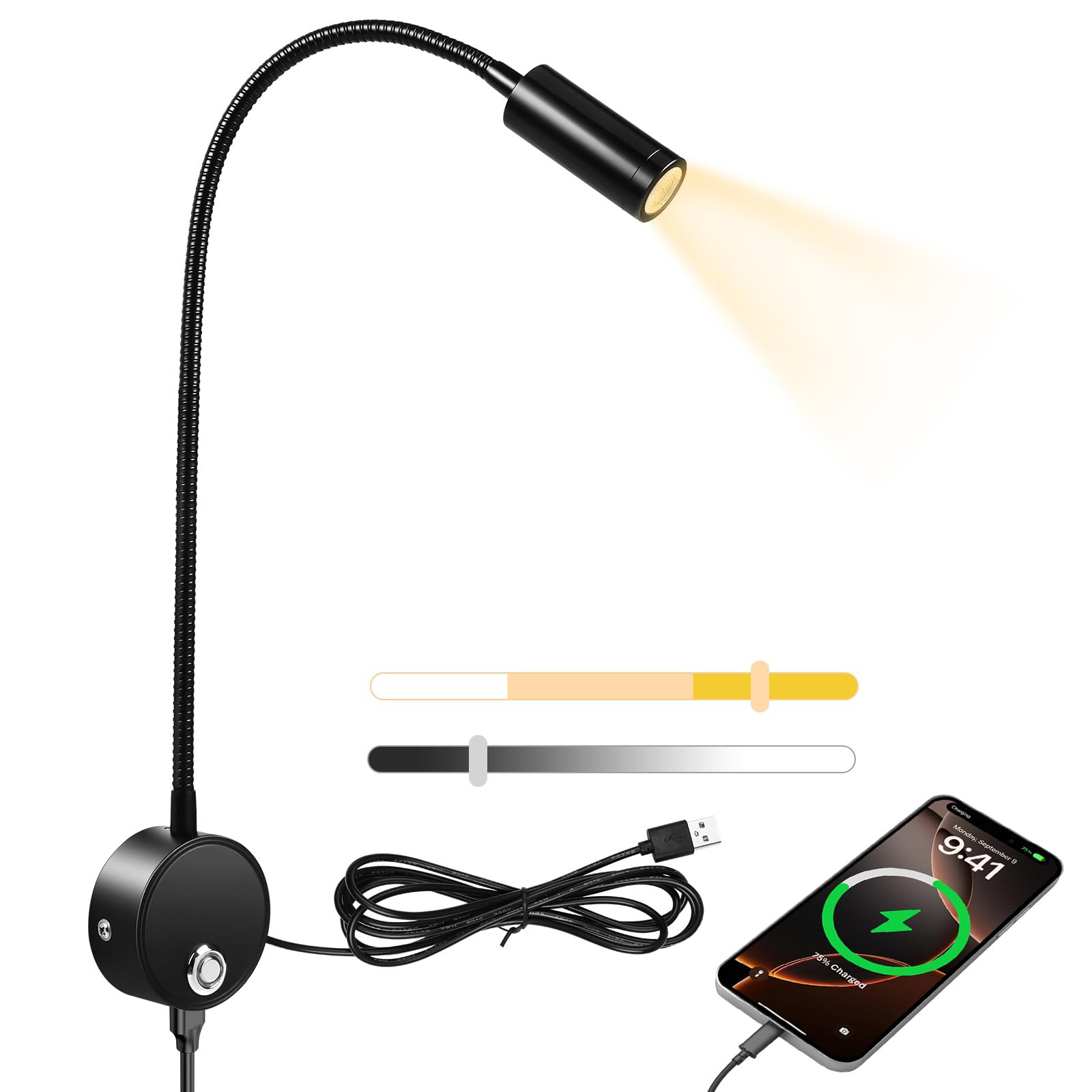 HOTUT LED Wall Reading Lamp for Bedroom, USB Powered LED Wall Mounted Reading Light, Flexible Bedside Light with Touch Switch and USB Output Port, 6000K- 4000K- 3000K Adjustable Colors