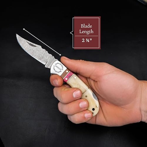 Miniatura 2 de Morf Industries Cuchillo de bolsillo de acero Damasco de hueso de camello para hombres, padrinos de boda, cuchillos de hoja plegable para él, hecho