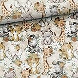 Stoffe zum Nähen, für Kinder, keine Meterware: 1m Mädchen French Terry Sweat Stoff mit Wildtiere wie Löwe Gepard Zebra Giraffe Nilpferd und Blumen - Mädchen Sommersweat Tierstoff Steppenliebe