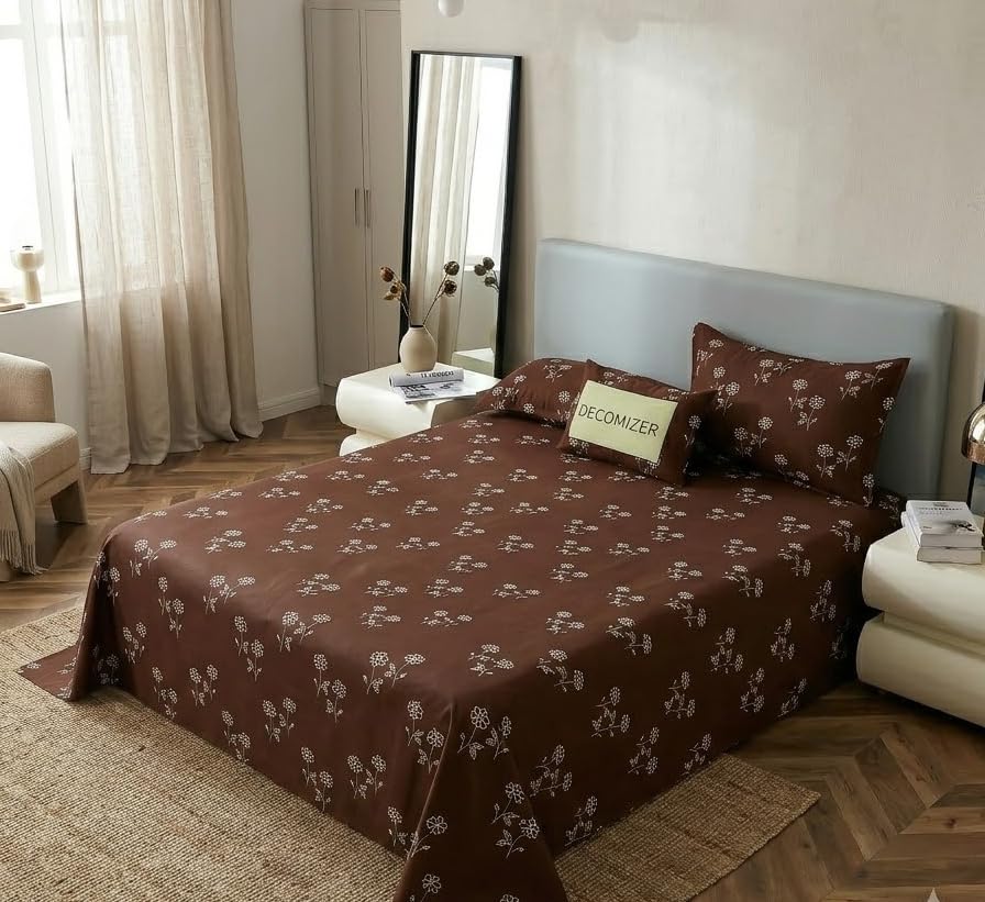 Image of DECOMIZER 240 TC Microfiber Soft Cotton Printed Single Bed Bedsheet for Diwan Bed, Size 60 Inches X 90 Inches, 152 X 230 cm with 1 Large Size Pillow Covers - SolidCoffeeFlower