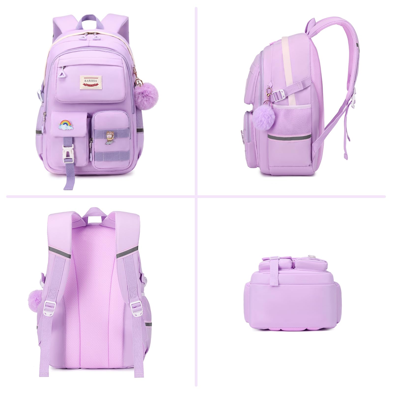 Sisipoet Sac à Dos Fille, Cartable Primaire Fille 10-18 Ans, Sac d'école Respirant Imperméable Nylon, Cartable Enfant avec Accessoires, Léger Confortable pour École et Voyage