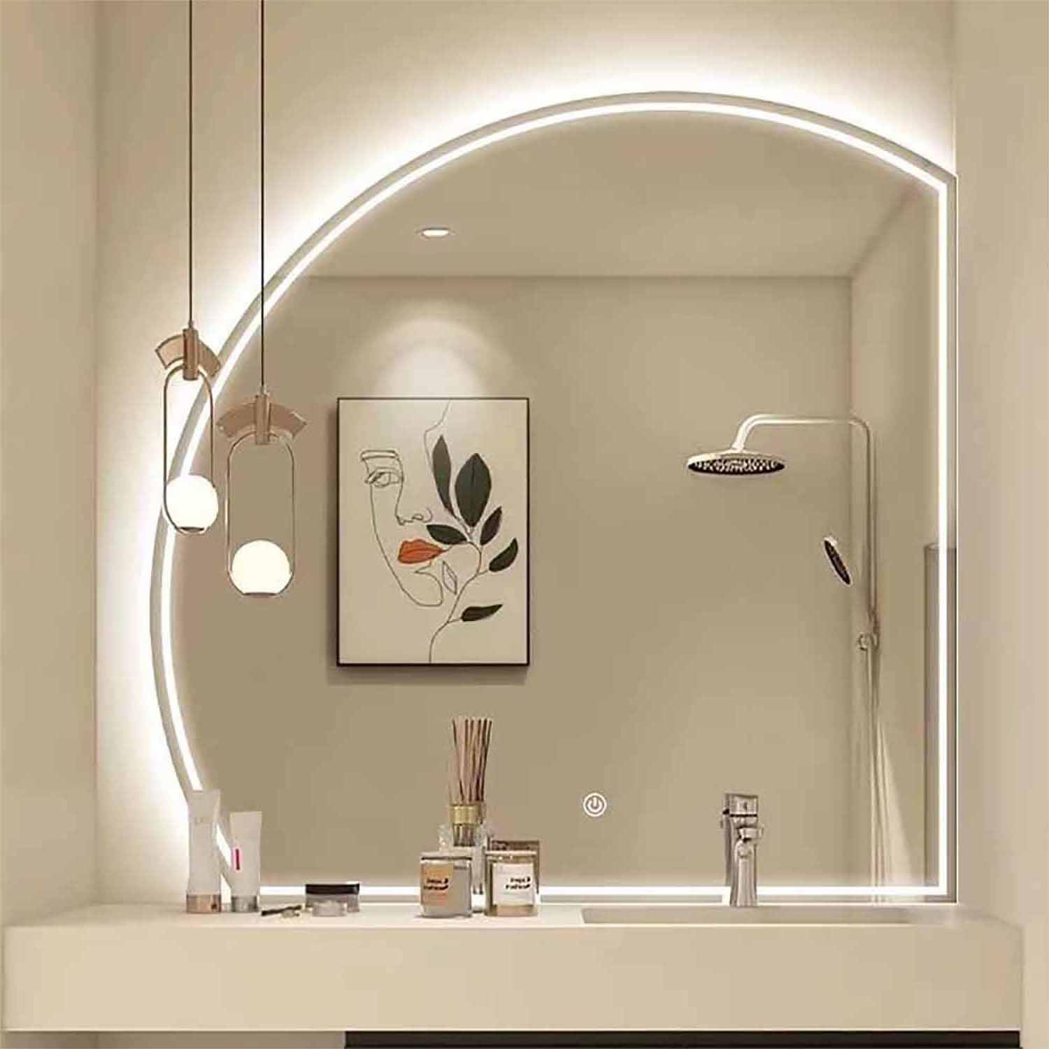 SXFSDOU 90cm LED Backlit Half-Moon Makeup Mirror Anti-Fog Bathroom Dimmable Warm/Cool/Natural Light 100/110cm Wall-Mounted 3 Color Options (Left 100 * 100cm)