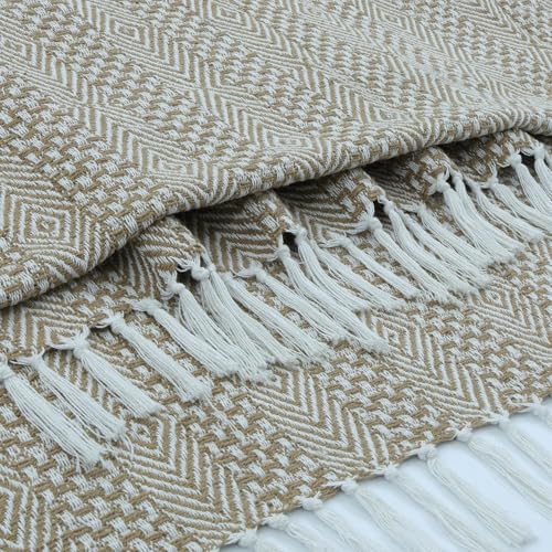 Image of HAKAM Cotton Throw Blanket with Macrame Tassels for 3 Seater Sofa | Ideal for Your Home, Living Room, Sofa, Bed, Chair, Picnic & Used for Gift - 50X70 inch (Beige & White, Small Single)