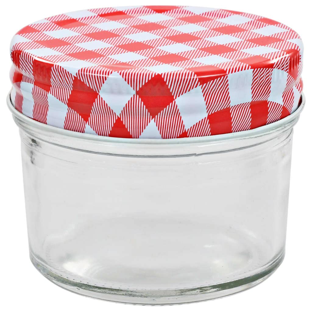 96 transparente Einmachgläser 110 ml mit rot-weißen Deckeln, ideal für Marmelade, Chutney, Essiggurken und Saucen, mit weitem Mund für einfaches Befüllen und Entnehmen.