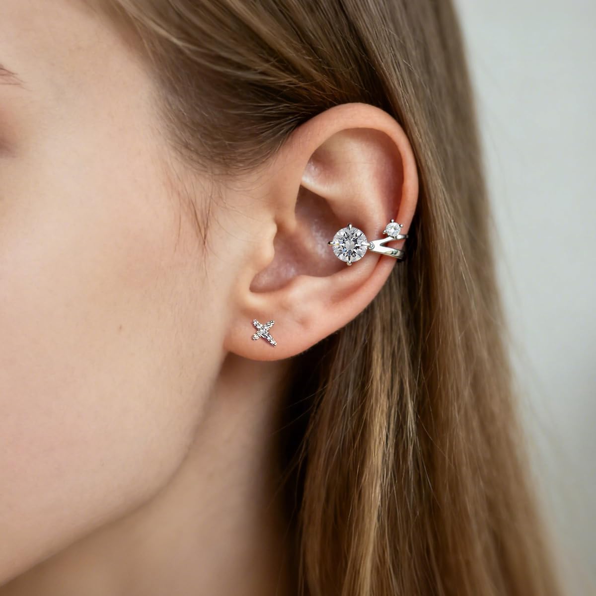 Set di 4 orecchini a clip con moissanite, diamanti coltivati in laboratorio 2 carati, argento 925 rodiato, orecchini senza foro, orecchini a croce, ear cuff