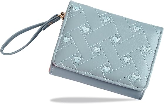 Wallet Women, Cute Ladies Girls Wallet, Love Heart Trifold Wallets Woman Business Credit Card Holder with Zipper Purse Pocket for Lovers ID Cards Cash Coin Key Blue