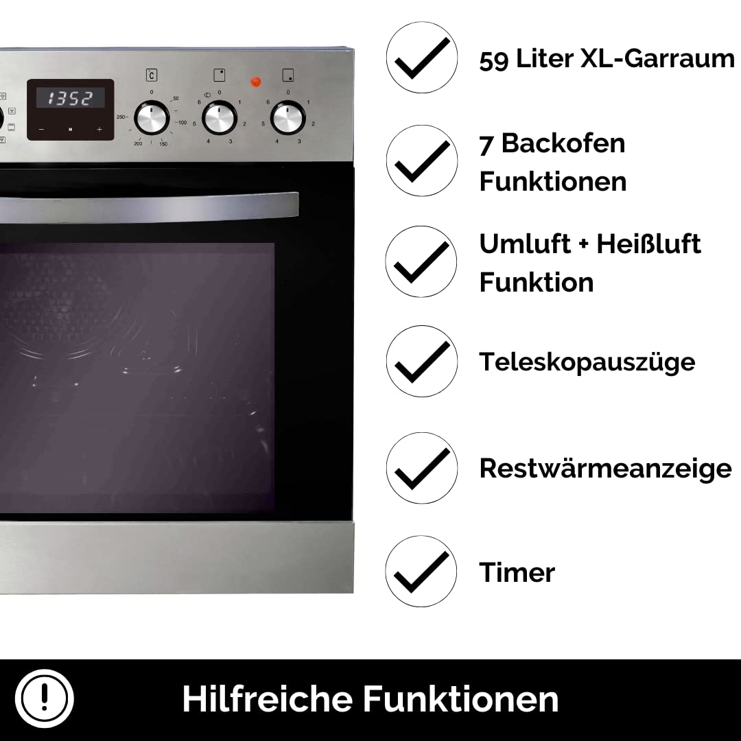PKM Einbau-Herdset BIC 1000 IX4 | Teleskopauszug | 7 Backofen-Funktionen | inkl Heißluft-, Umluft- & Grillfunktion | Timer | Garraum 59L | Glaskeramikkochfeld | Doppelkreis-& Bräterzone