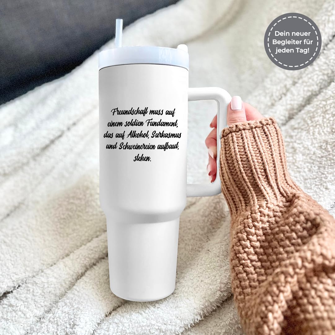 Thermobecher 1,2L personalisiert mit Strohhalm & Griff – Großer Edelstahl Kaffeebecher To Go, Isolierbecher mit Deckel, Mehrweg Trinkbecher für unterwegs, Becher mit Text und Foto personalisierbar