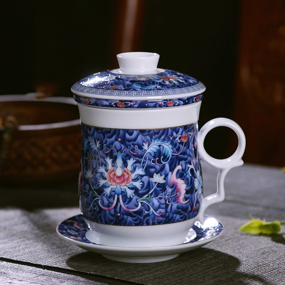 yesTGE Tazza da tè Tazza con Filtro in Ceramica con Coperchio, Tazza da tè Regalo in Quattro Pezzi Jingdezhen, Servizio da tè in Porcellana Blu e Bianca, Fiore di Loto