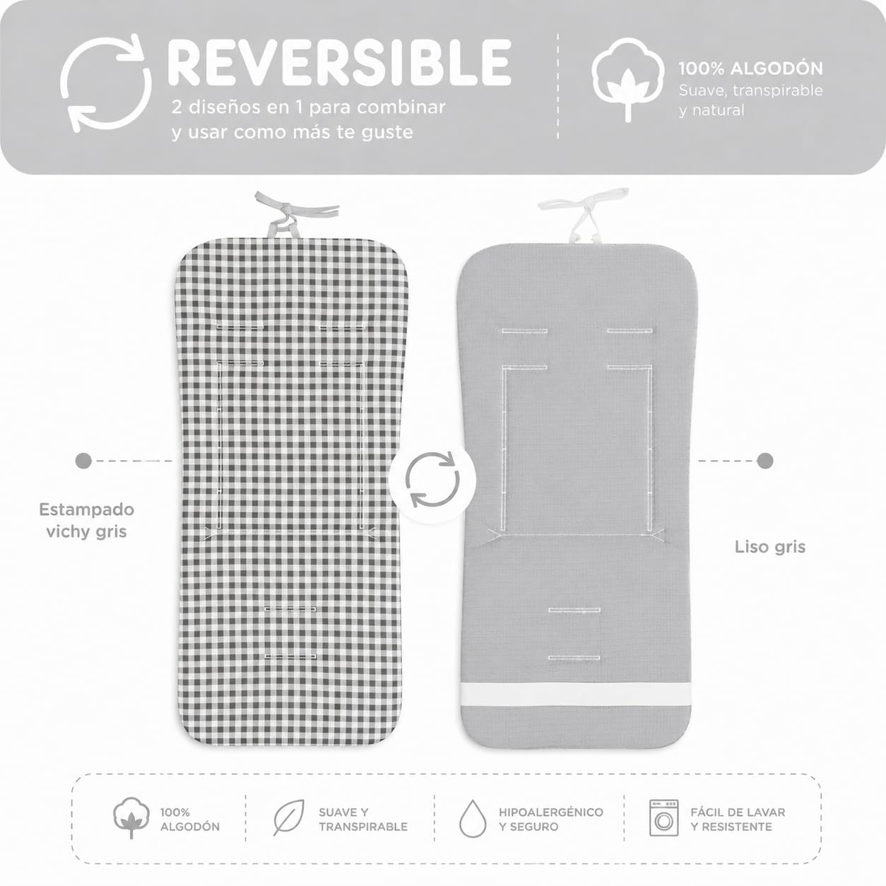 Colchoneta Silla Paseo Universal Verano Funda Carrito Bebe 100% Algodon Transpirable Reversible Apta Silla Inglesina Suave Carro Bebe Altura Ajustable Hombros y Cintura Antideslizable (Vichy Gris)