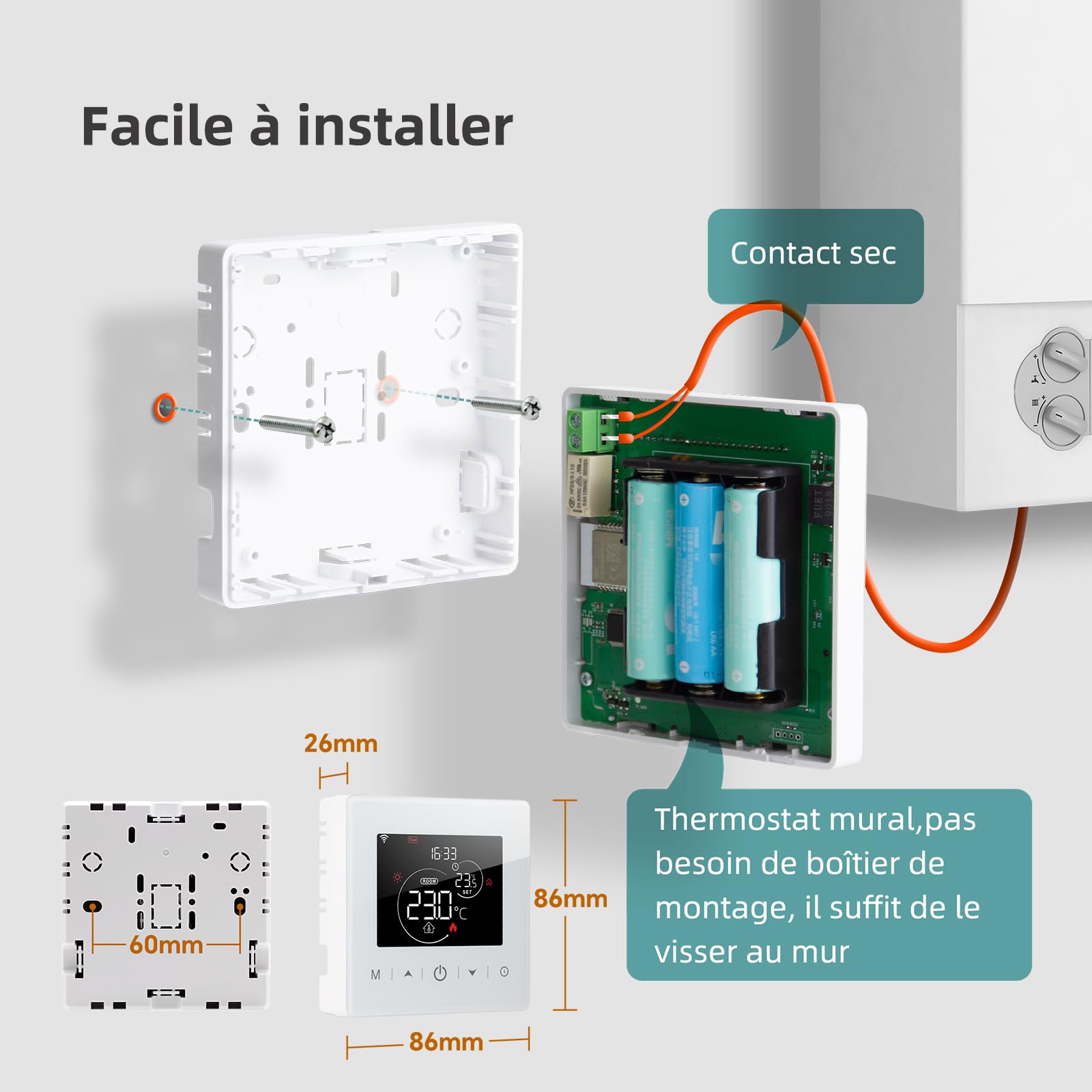 Thermostat Connecté WiFi,Thermostat Chaudière Gaz à Pile,Thermostats 2 Fils,Thermostats d'ambiance Programmable Quotidienne,Compatible avec Alexa et Google Home, Voix et Télécommande,3A,Murale