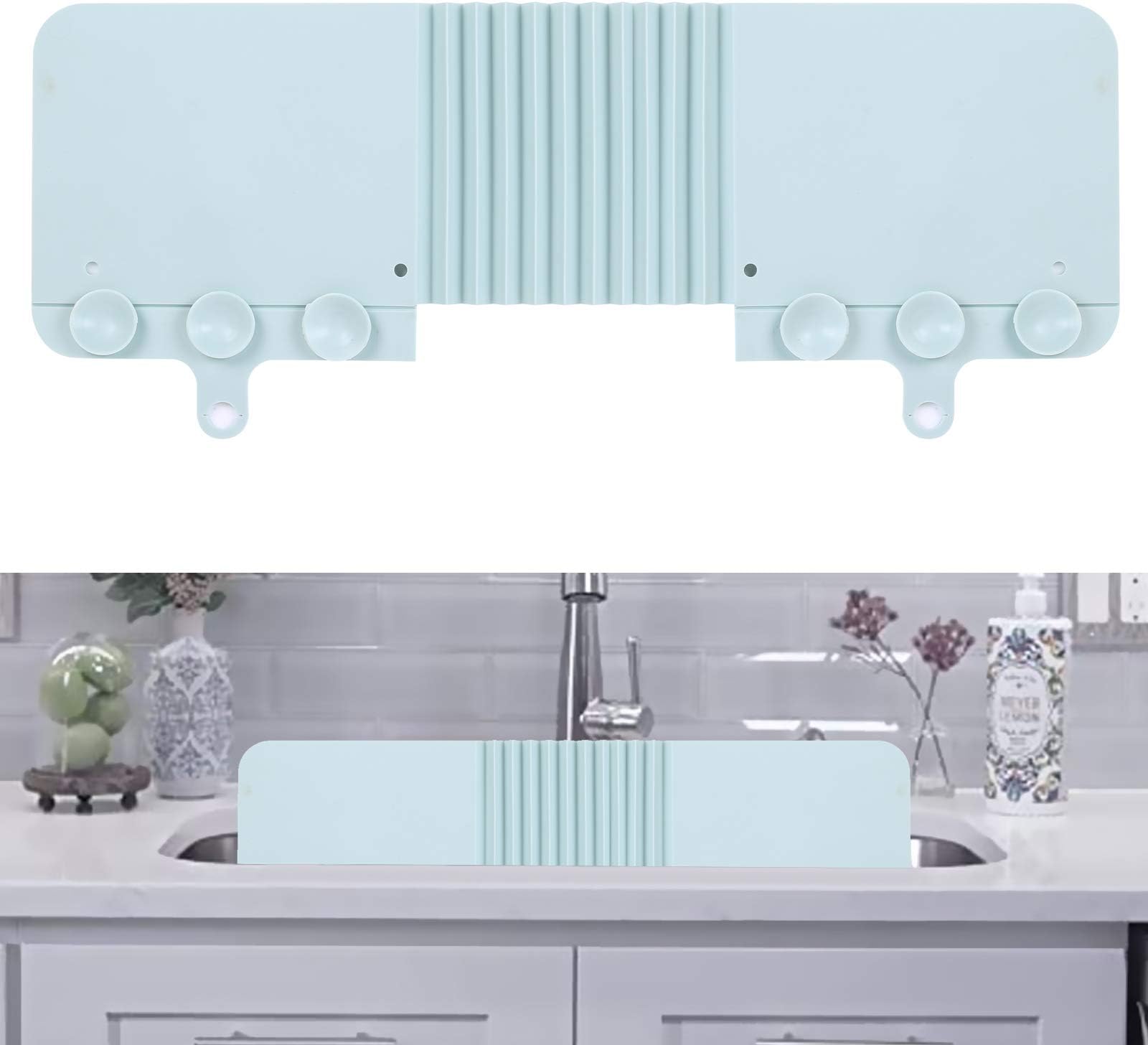 Sink Splash Guard Hand Sink Silicone Water Splash Guard for Kitchen Sink Island Basin with Attached Sucker Dish Washing Baffle Board, Silicone Water Splash Guard (16.6 L x 5.5 H x 0.4 W Inches) (Cyan)