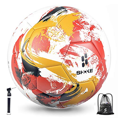 SHOKE Soccer Ball Size 5 Thermal-Bonding Hold Air , Water-Resistant Match Training Soccer Balls for Youth and Adult Rebound Height 51.18-53.15 inch with Hand Pump and Mesh Bag